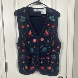 Cottagecore grannycore navy blue knit cardigan vest with floral embroidery. M